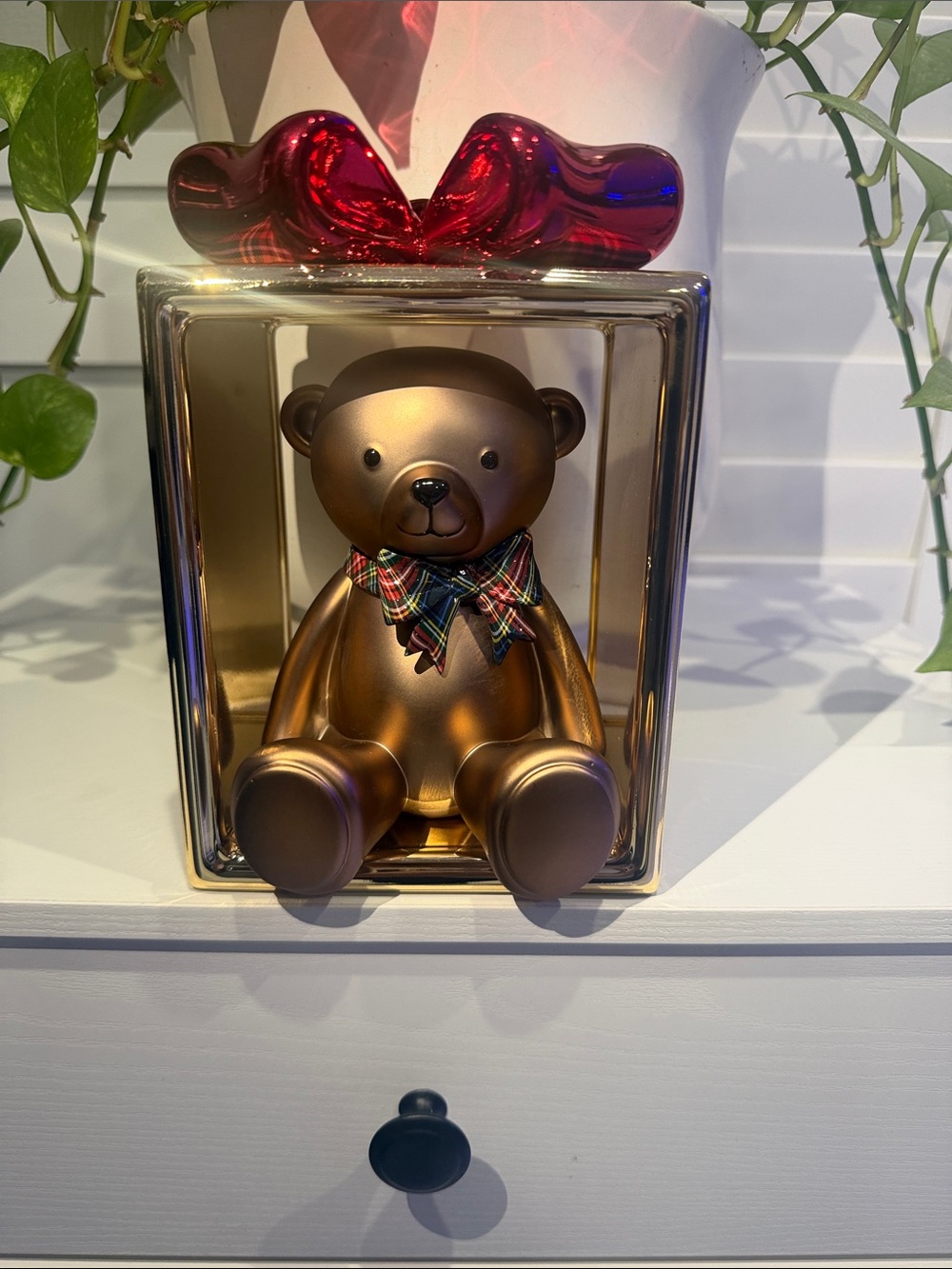 Bath and body works Bronze Teddy Bear in Gold Box with Red Bow candle holder